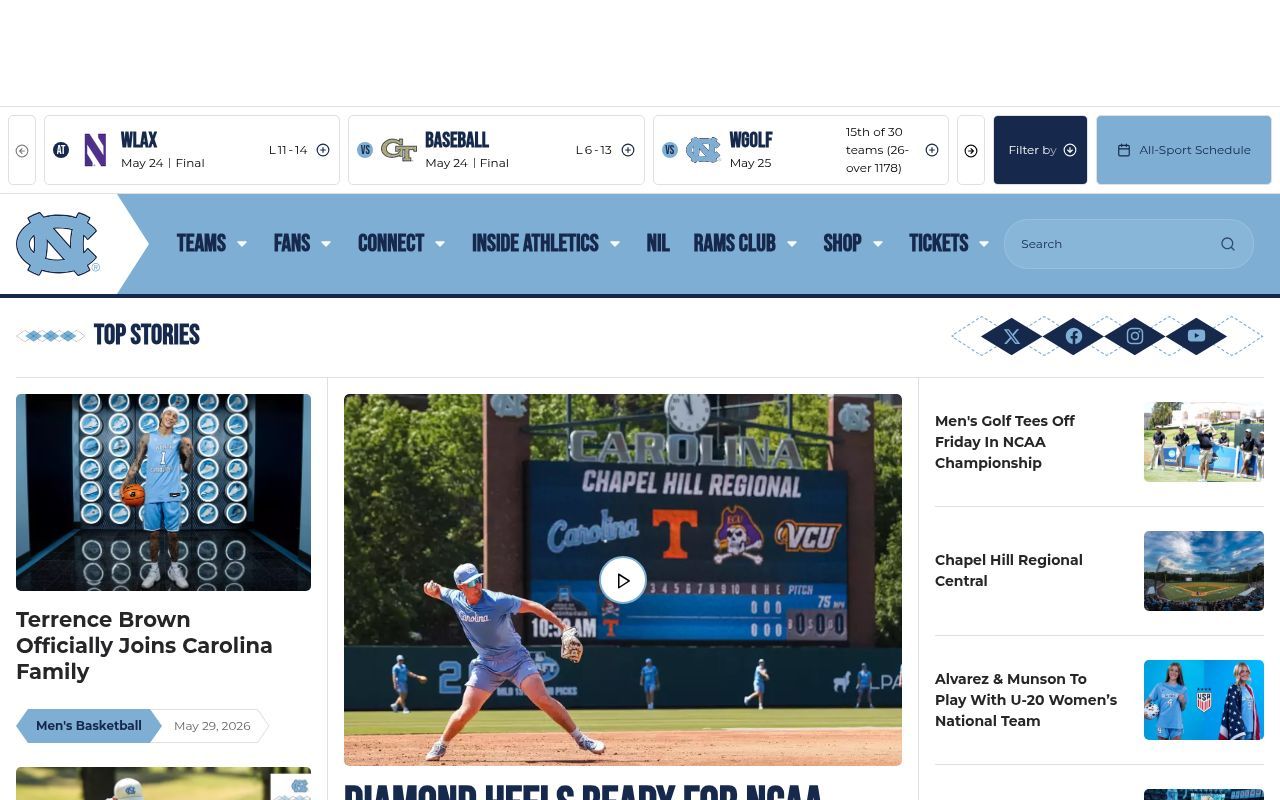 Homepage screenshot of goheels.com