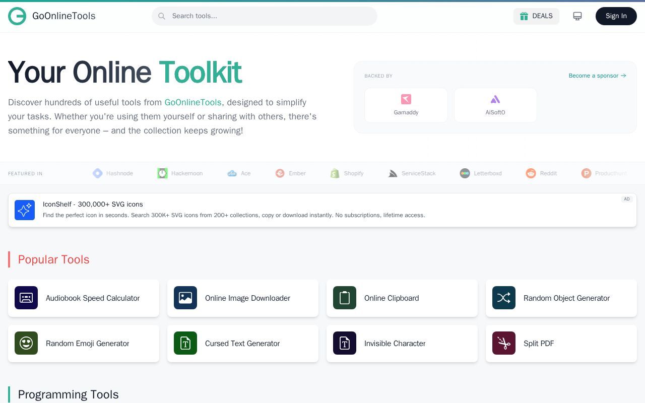 Homepage screenshot of goonlinetools.com