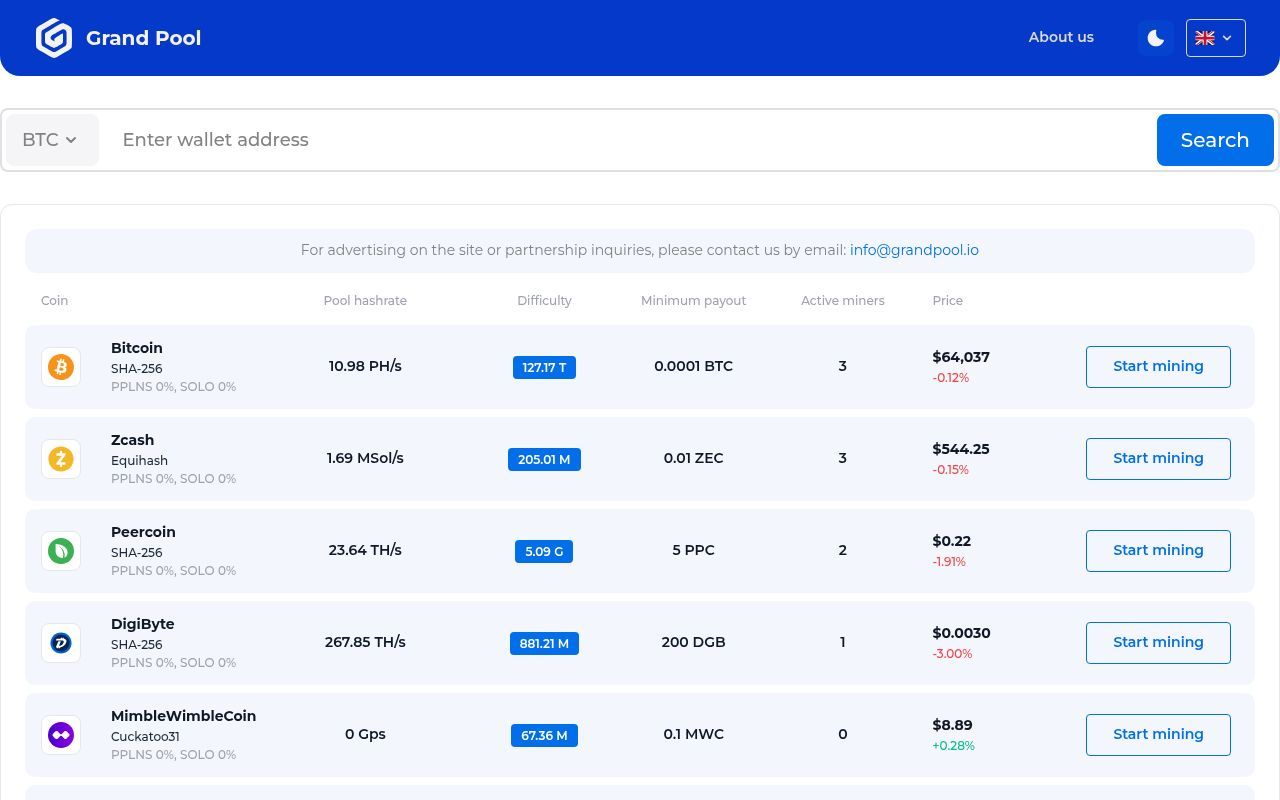 Homepage screenshot of grandpool.io