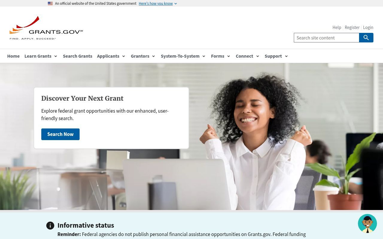 Homepage screenshot of grants.gov