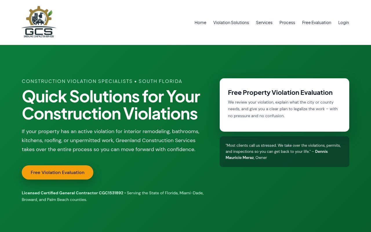 Homepage screenshot of greenlandconstructionflorida.com