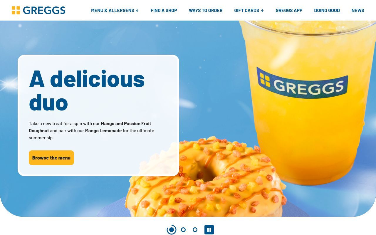 Homepage screenshot of greggs.com