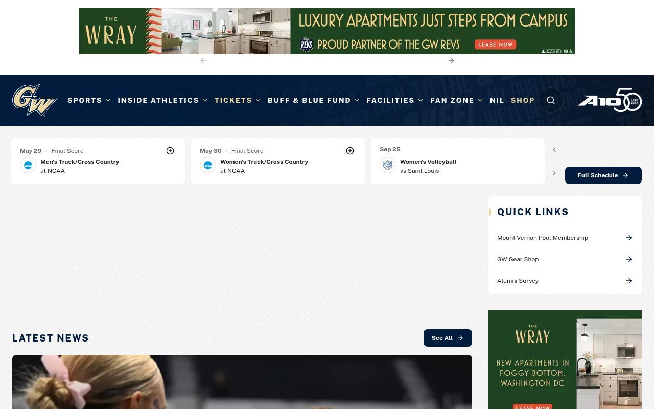 Homepage screenshot of gwsports.com