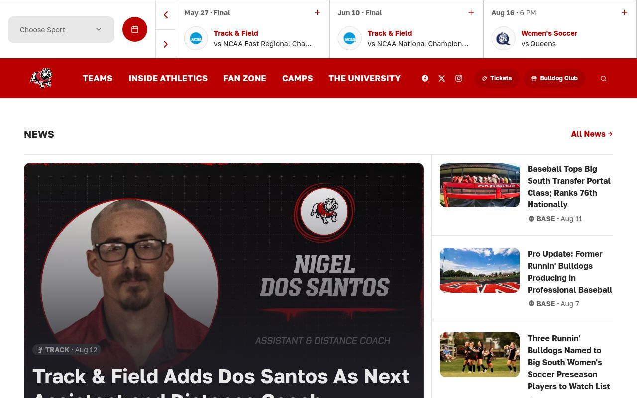 Homepage screenshot of gwusports.com
