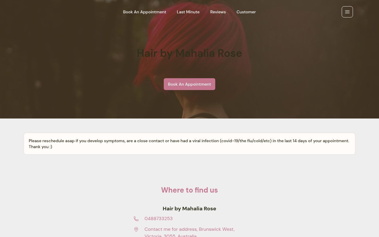 Homepage screenshot of hairbymahaliarose.book.app