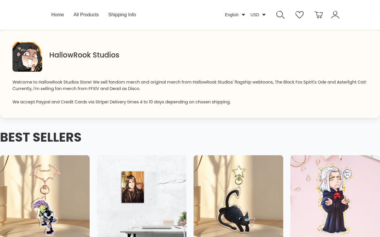 Homepage screenshot of hallowrook.artiststore.com
