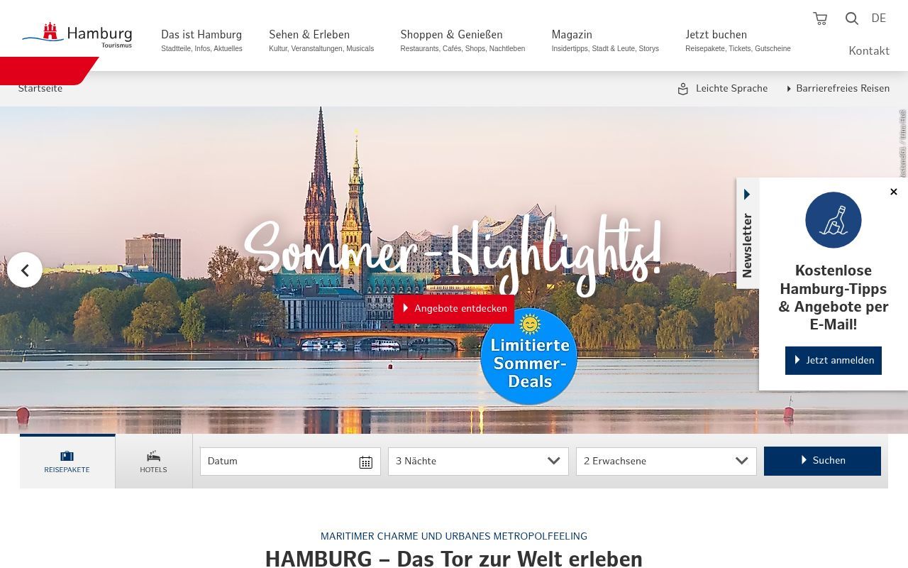 Homepage screenshot of hamburg-tourism.de
