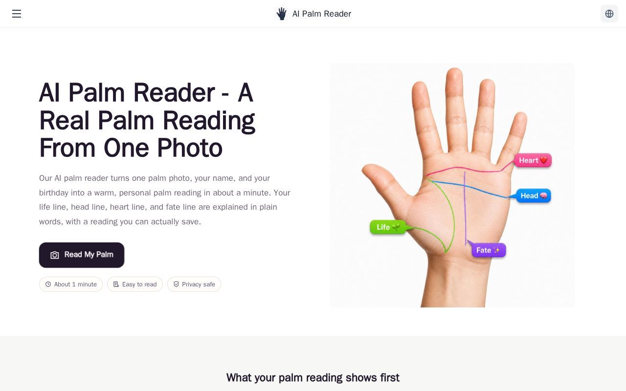 Homepage screenshot of handreaderai.com