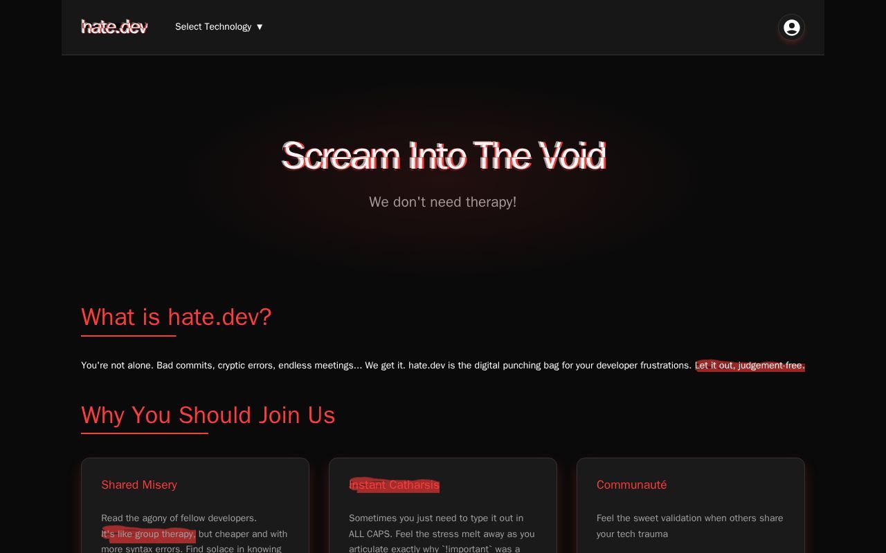 Homepage screenshot of hate.dev
