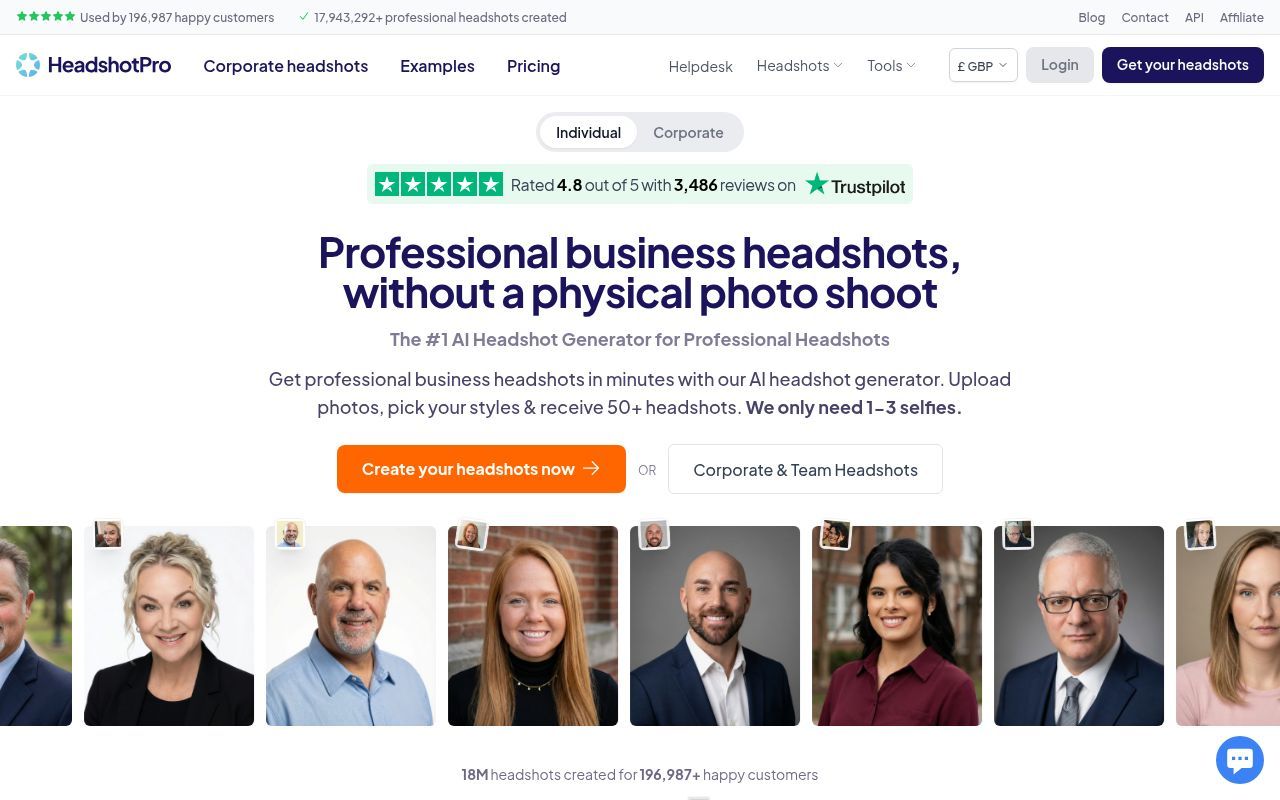 Homepage screenshot of headshotpro.com