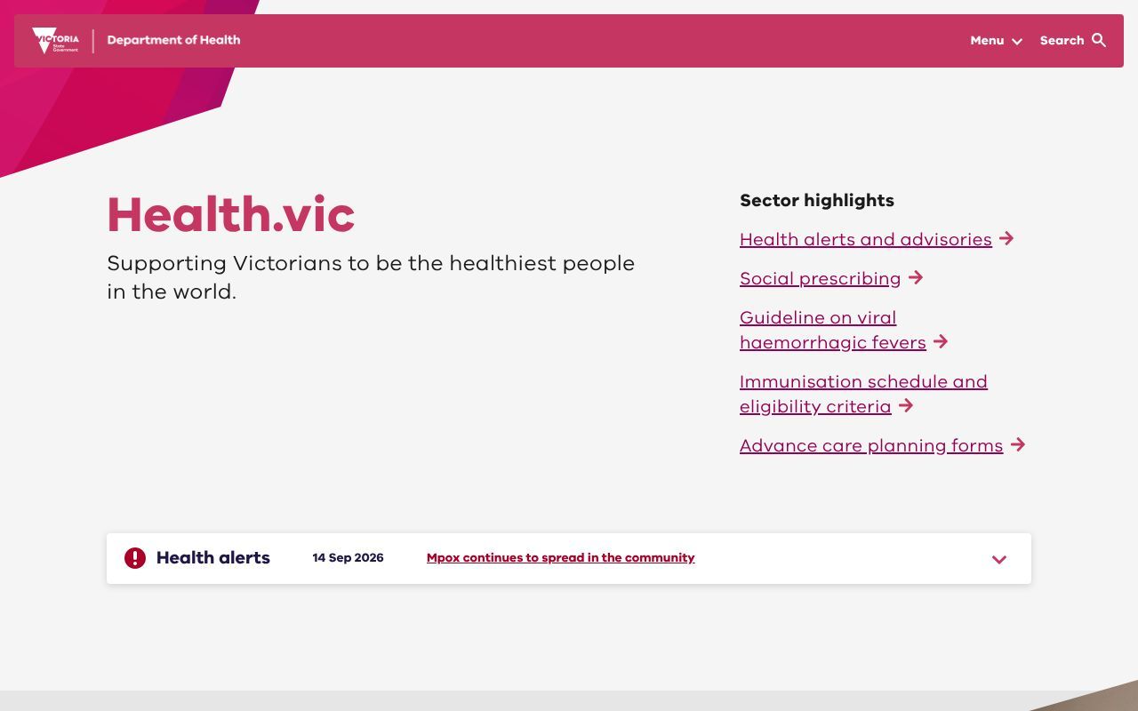 Homepage screenshot of health.vic.gov.au