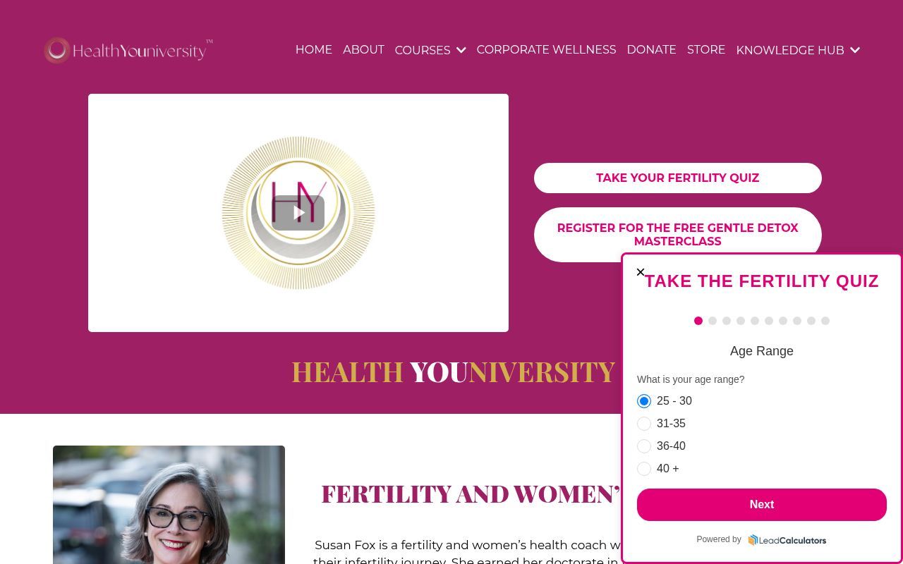 Homepage screenshot of healthyouniversity.co