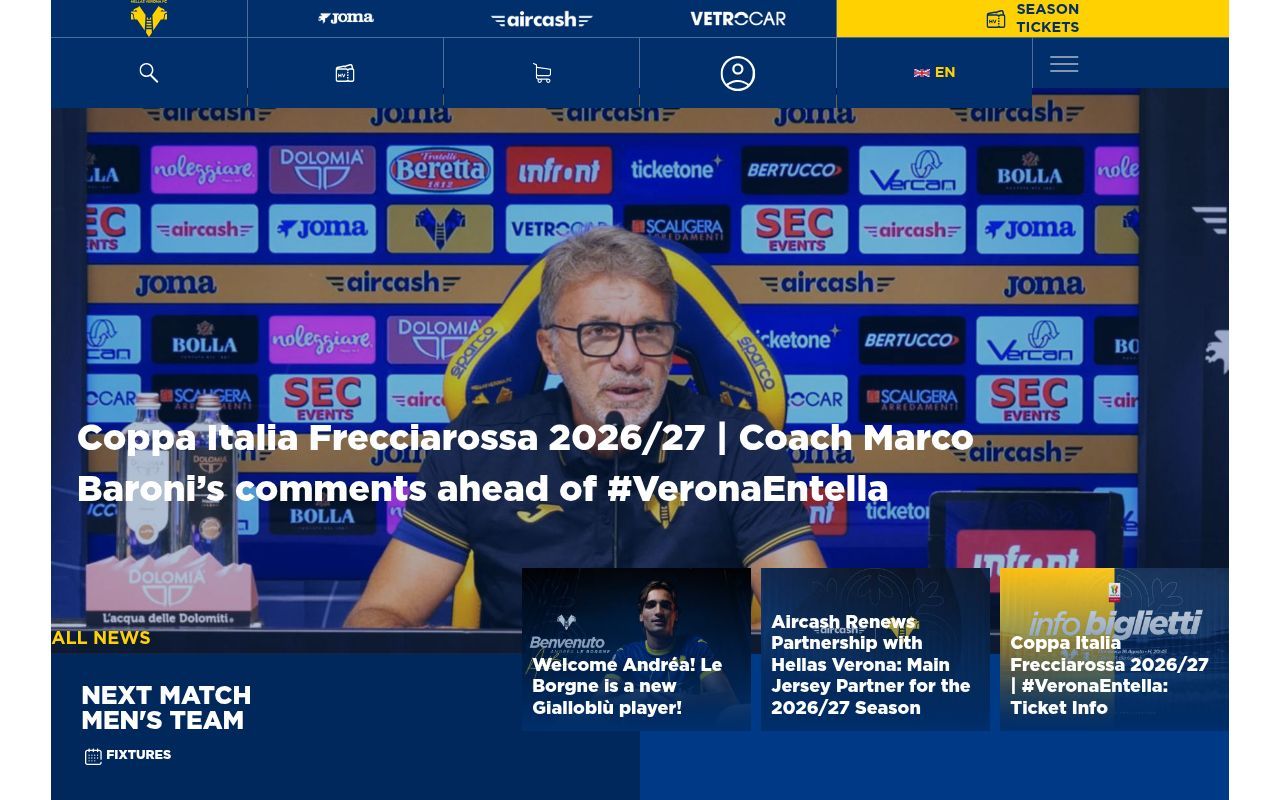 Homepage screenshot of hellasverona.it