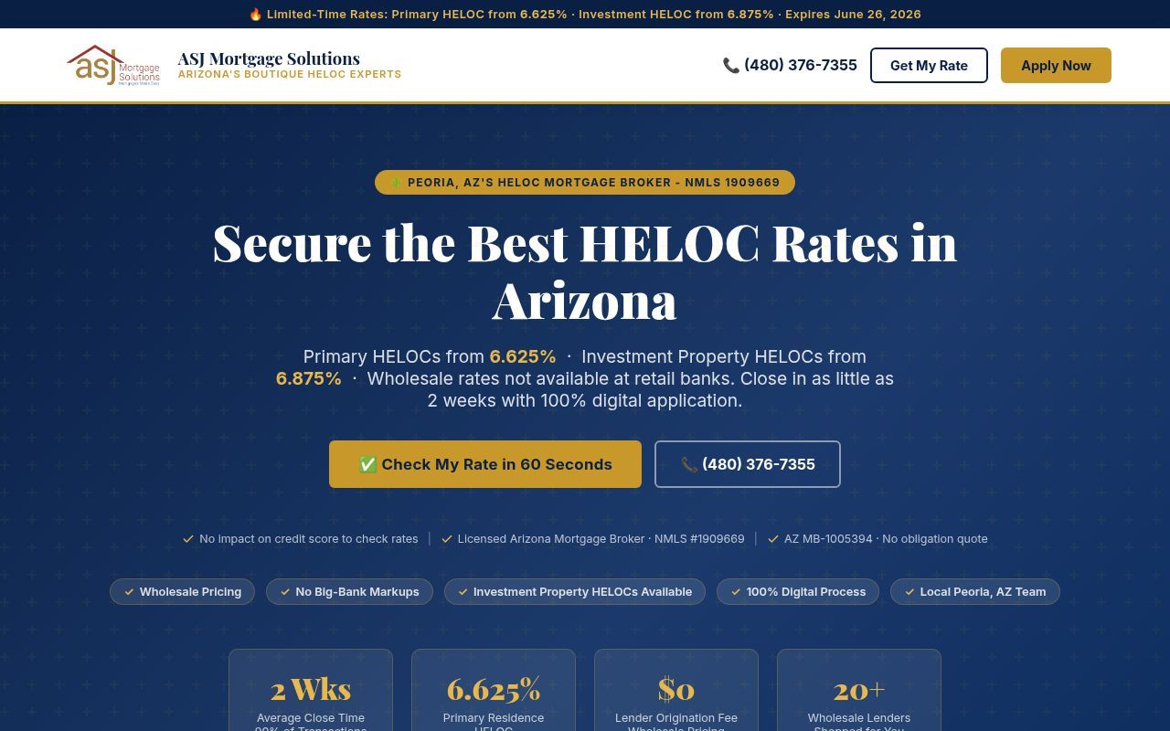 Homepage screenshot of heloc-arizona.asjmortgagesolutions.com