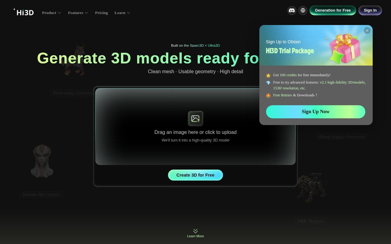 Homepage screenshot of hi3d.ai