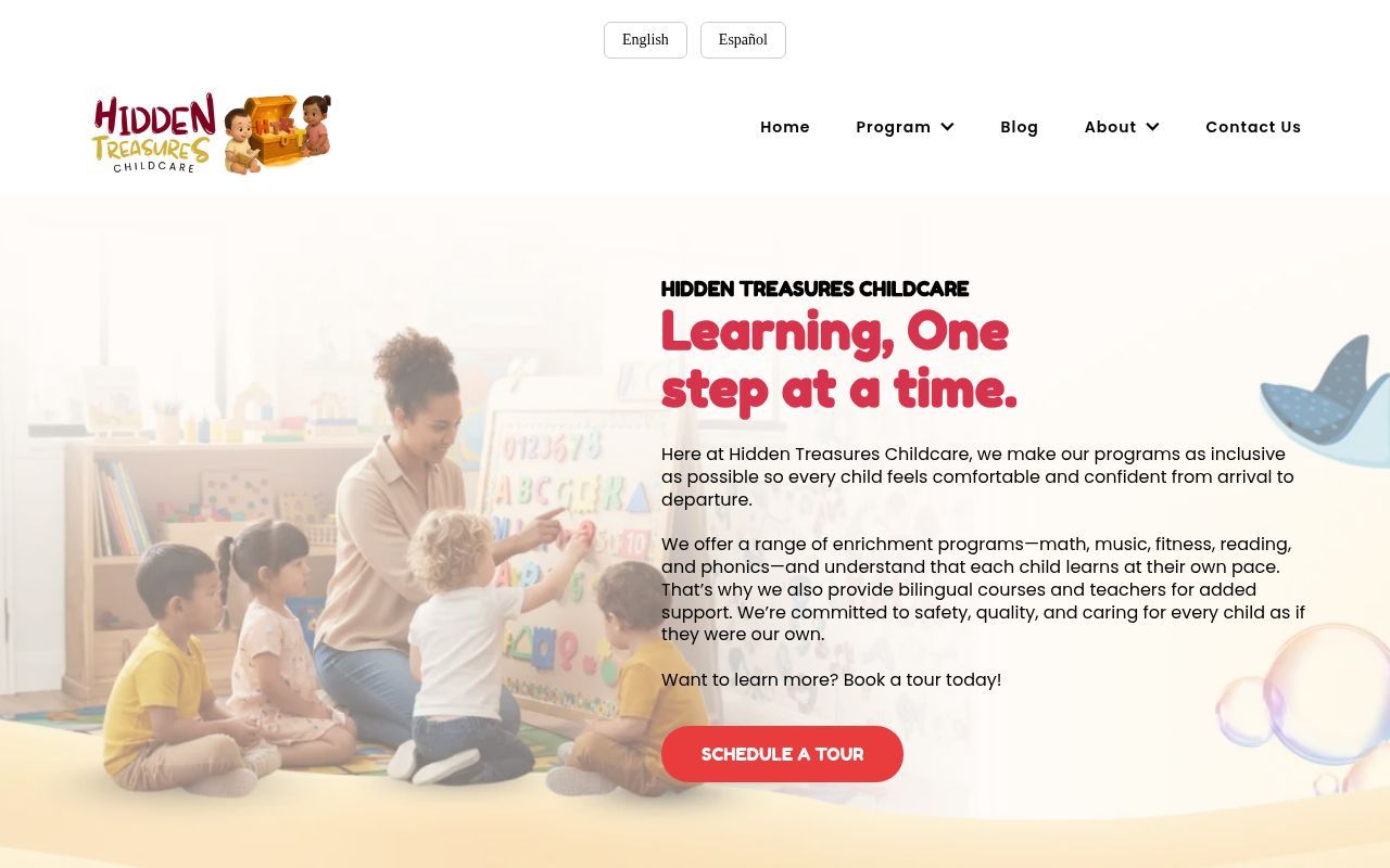 Homepage screenshot of hiddentreasureschildcare.com
