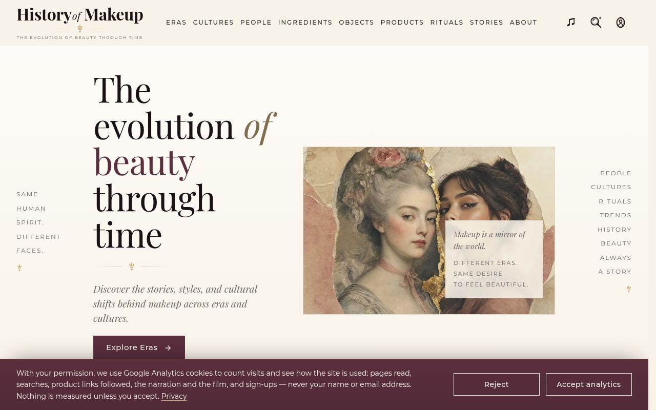 Homepage screenshot of historyofmakeup.com