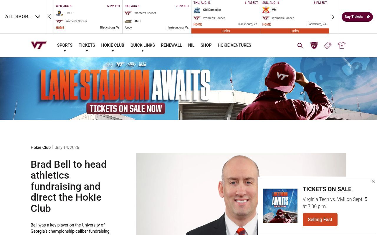 Homepage screenshot of hokiesports.com