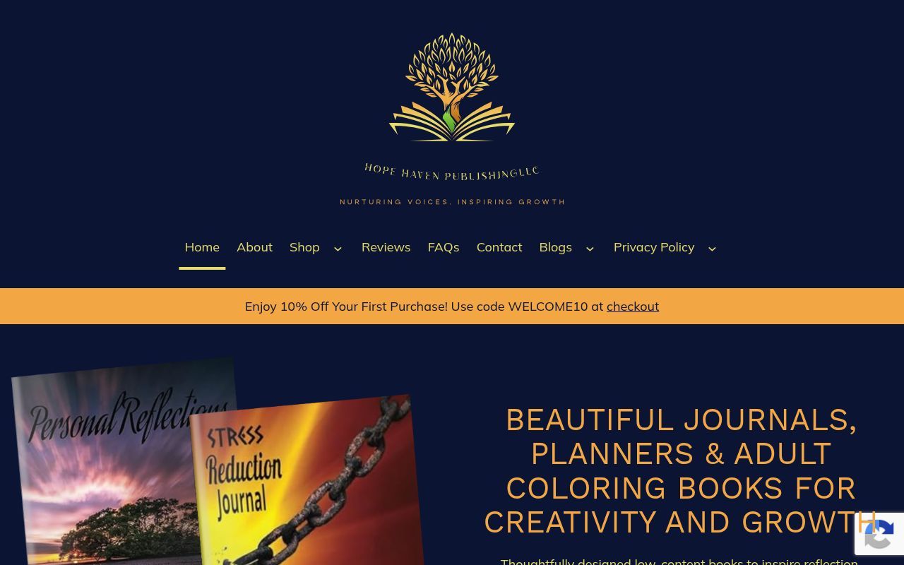Homepage screenshot of hopehavenpublishingllc.com