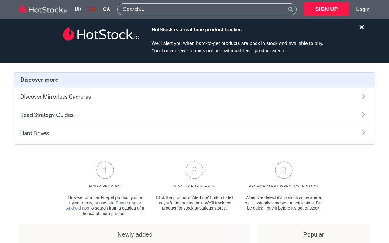 Homepage screenshot of hotstock.io