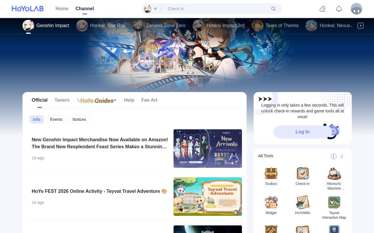 Homepage screenshot of hoyolab.com