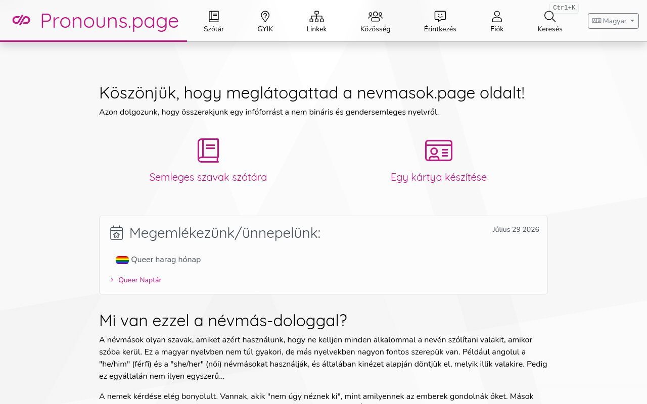 Homepage screenshot of hu.pronouns.page