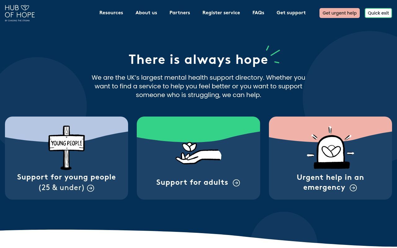 Homepage screenshot of hubofhope.co.uk