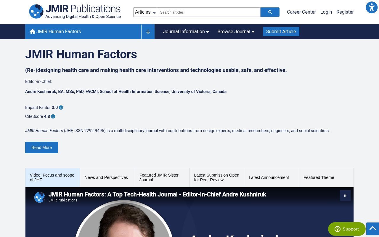 Homepage screenshot of humanfactors.jmir.org