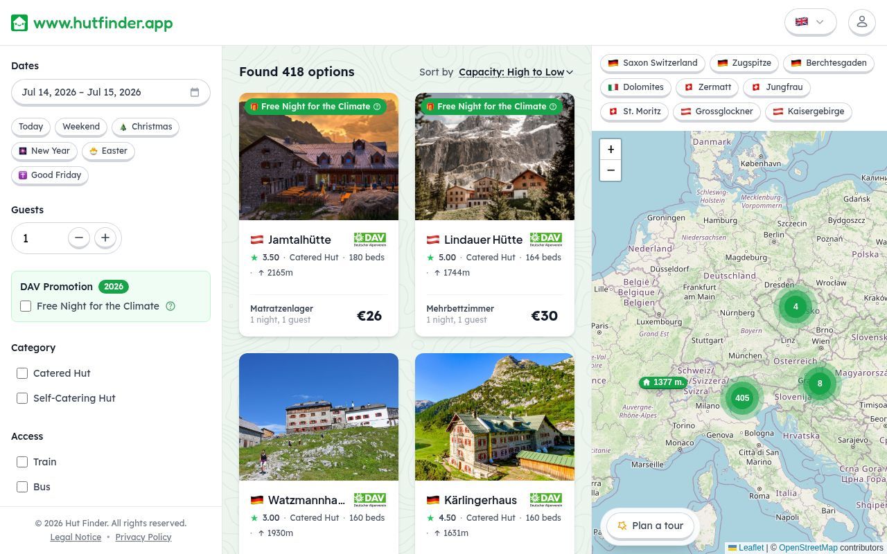 Homepage screenshot of hutfinder.app