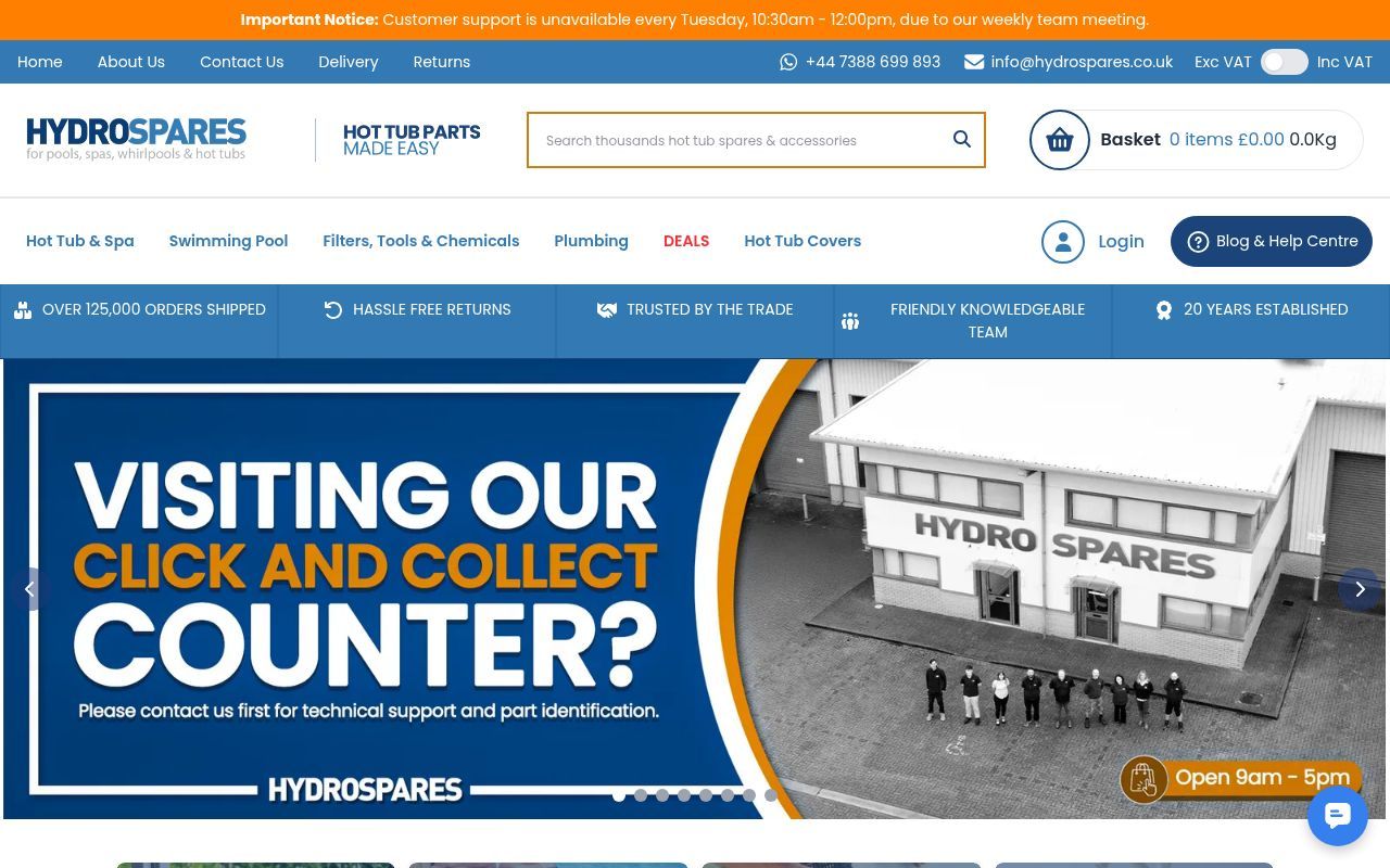 Homepage screenshot of hydrospares.co.uk