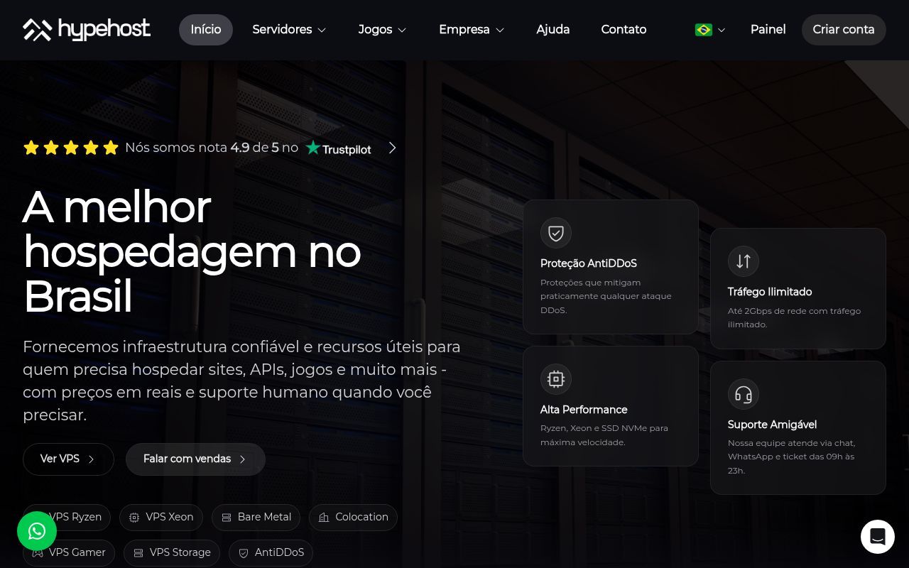 Homepage screenshot of hypehost.com.br