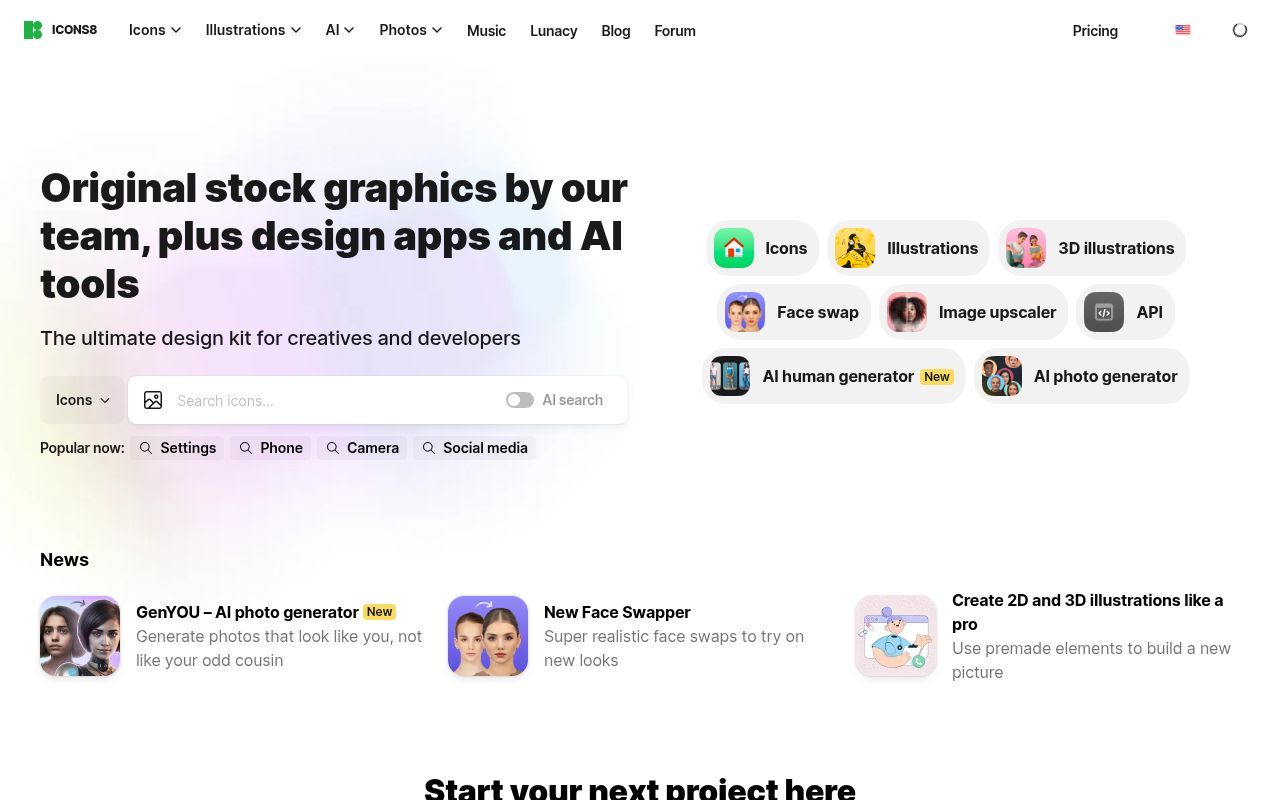 Homepage screenshot of icons8.com