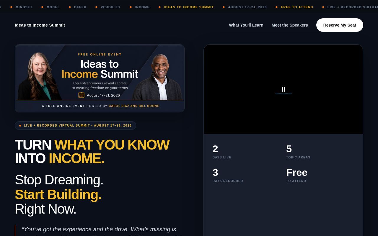 Homepage screenshot of ideastoincomesummit.com