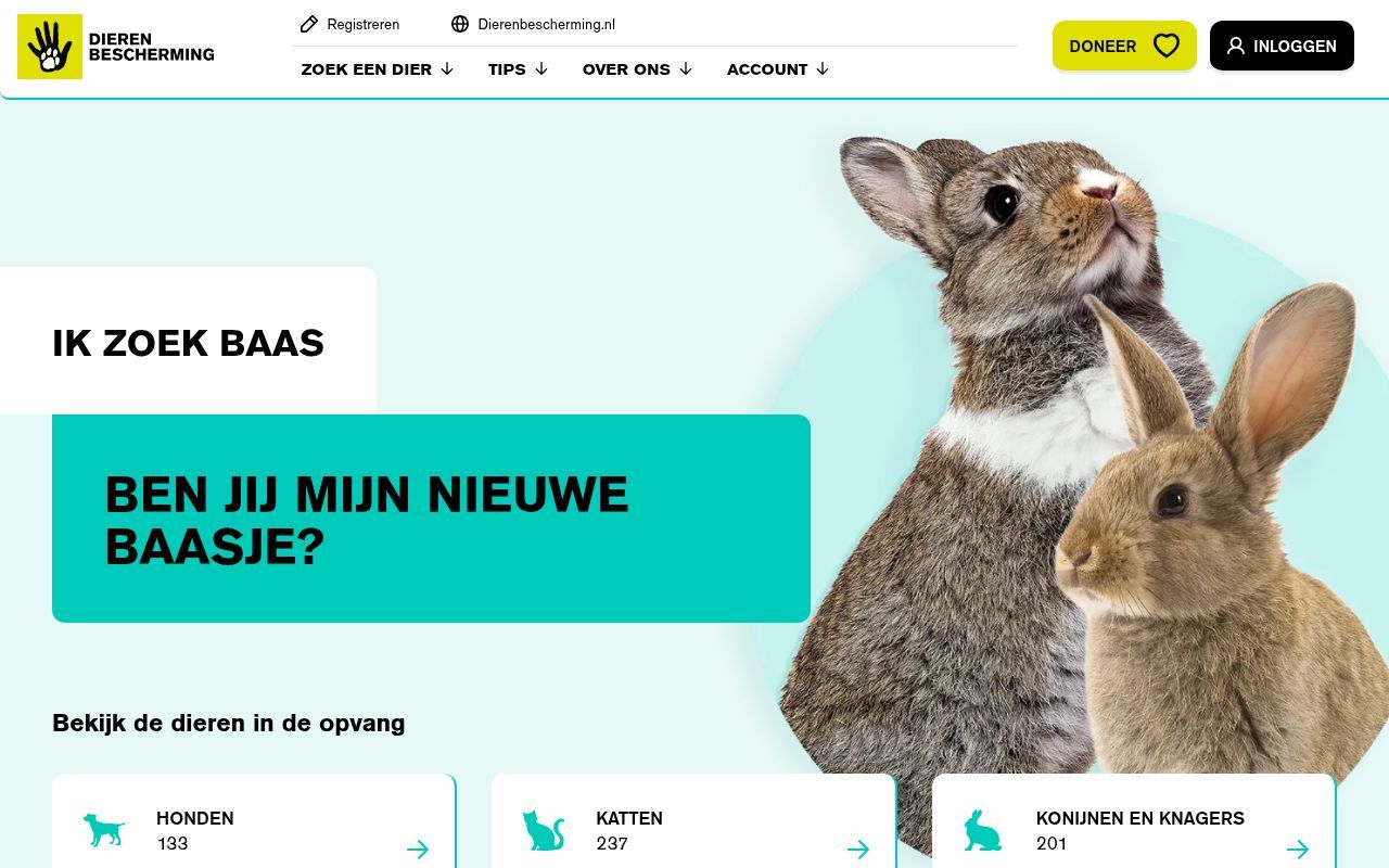 Homepage screenshot of ikzoekbaas.dierenbescherming.nl