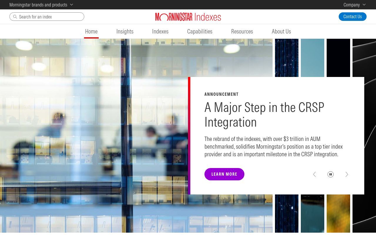 Homepage screenshot of indexes.morningstar.com
