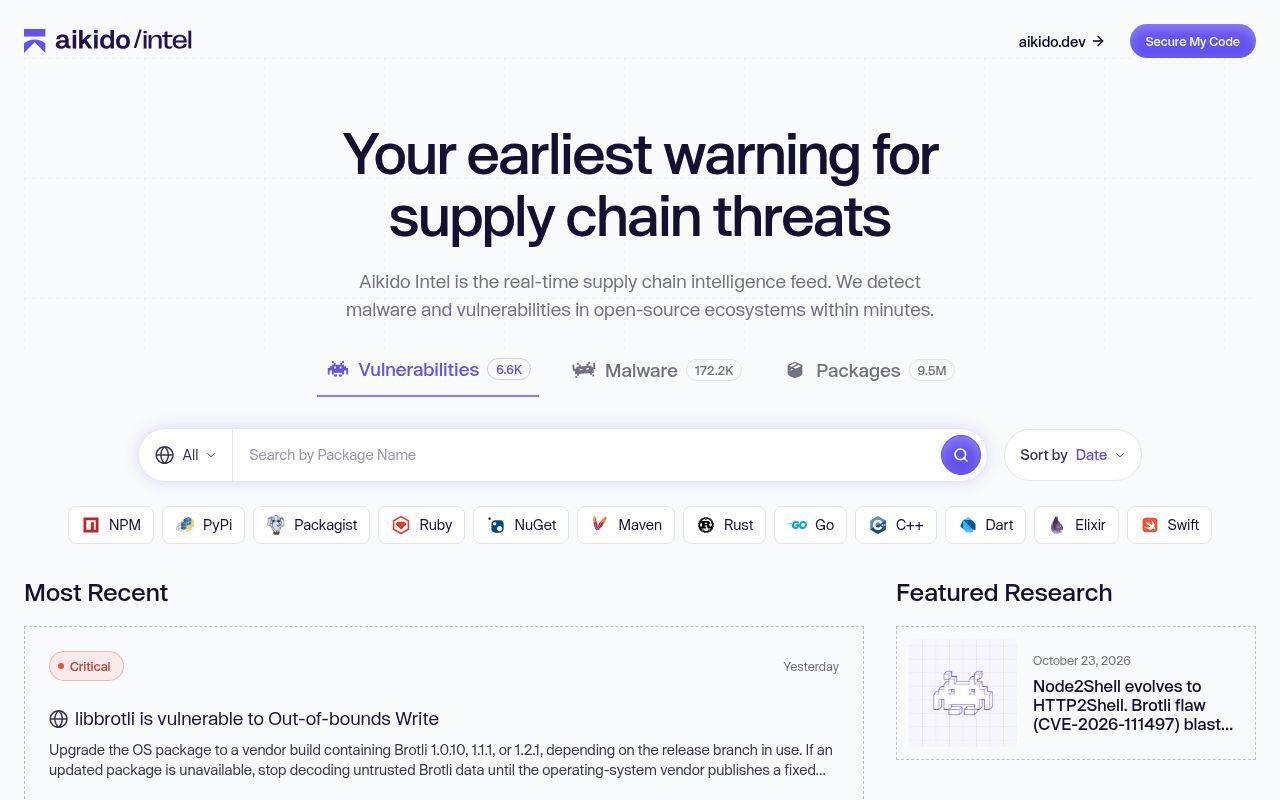Homepage screenshot of intel.aikido.dev
