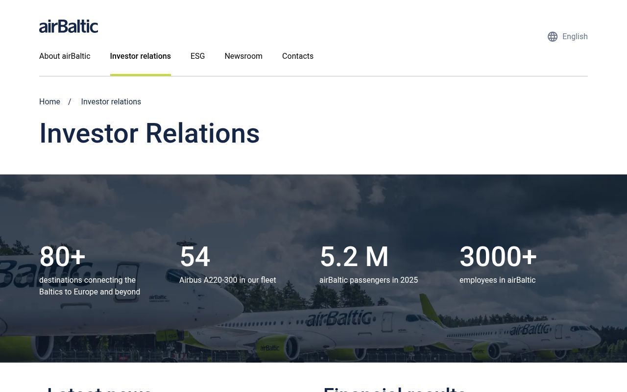 Homepage screenshot of investors.airbaltic.com