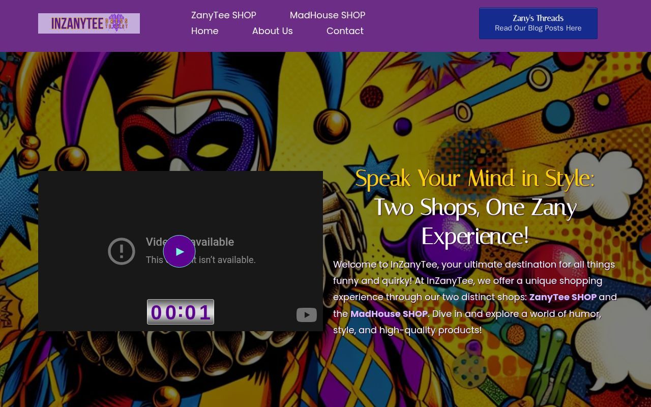 Homepage screenshot of inzanytee.com