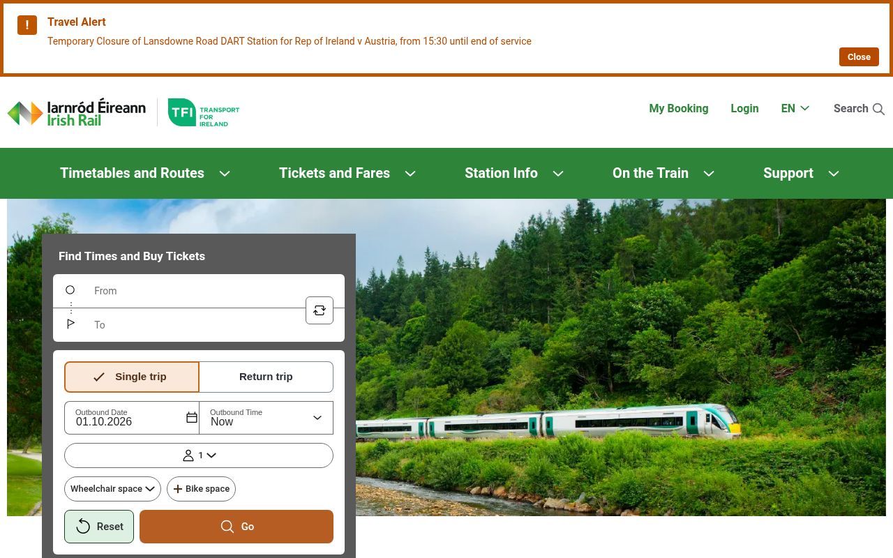 Homepage screenshot of irishrail.ie