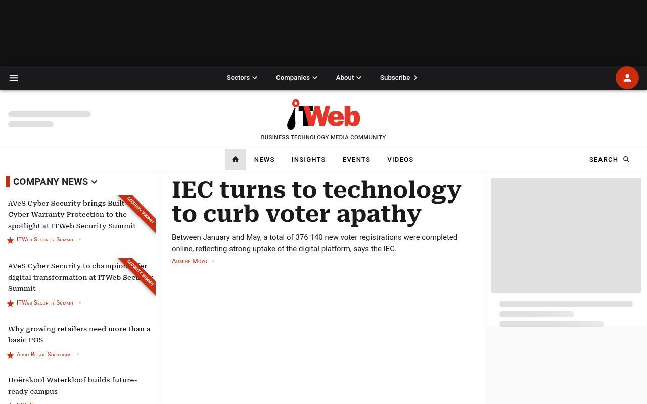 Homepage screenshot of itweb.co.za