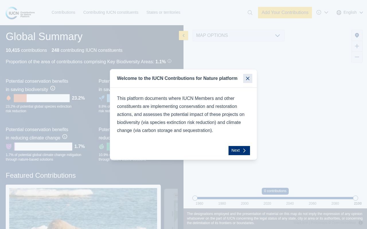 Homepage screenshot of iucncontributionsfornature.org