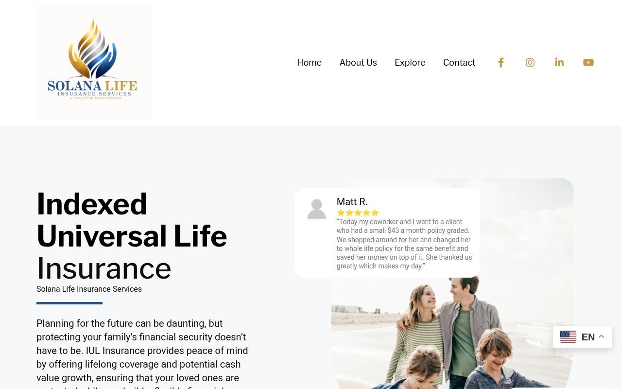 Homepage screenshot of iul.solanalifeinsuranceservices.com