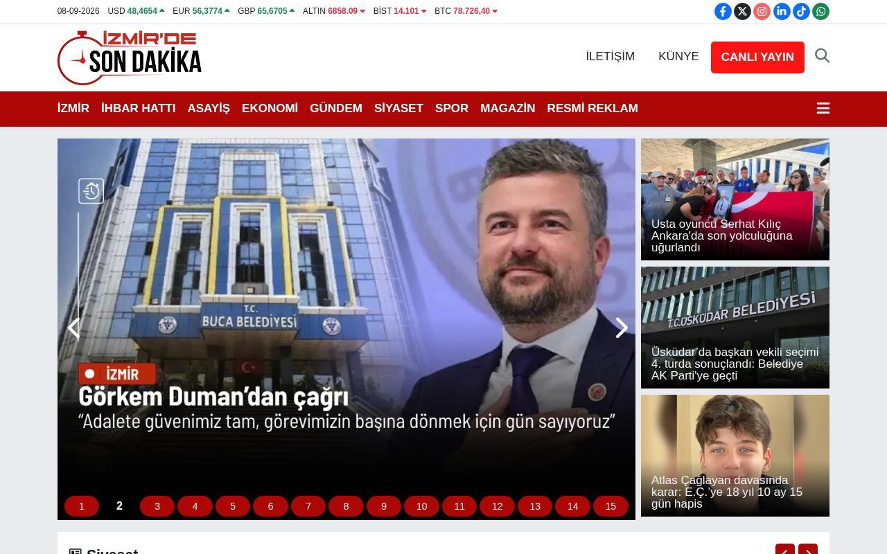 Homepage screenshot of izmirdesondakika.com.tr