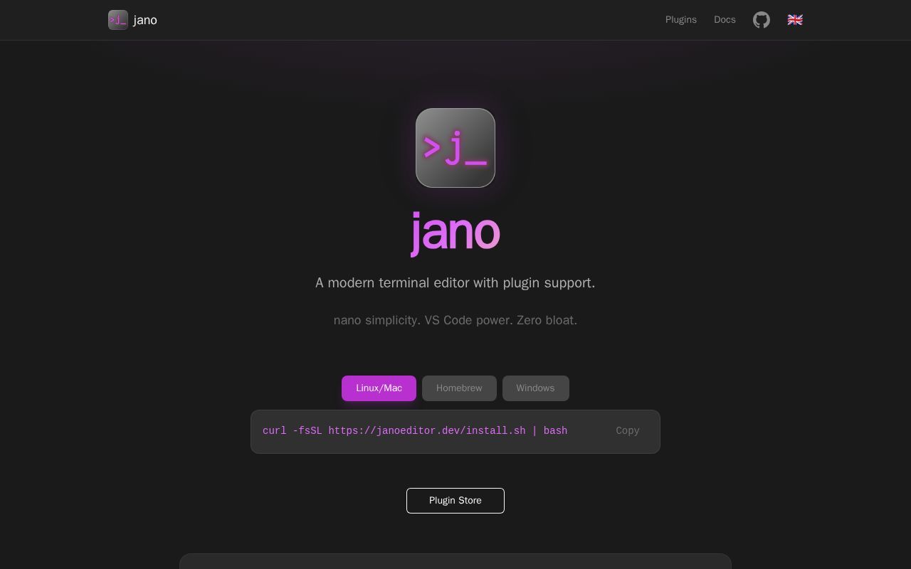 Homepage screenshot of janoeditor.dev