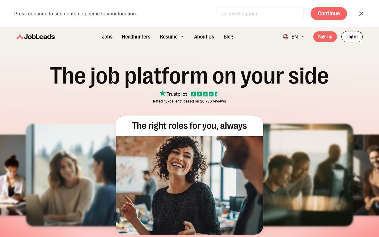 Homepage screenshot of jobleads.com