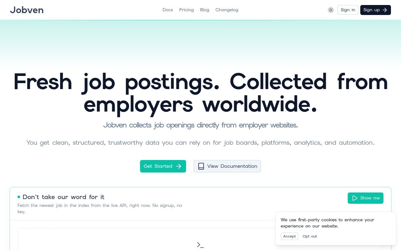 Homepage screenshot of jobven.com