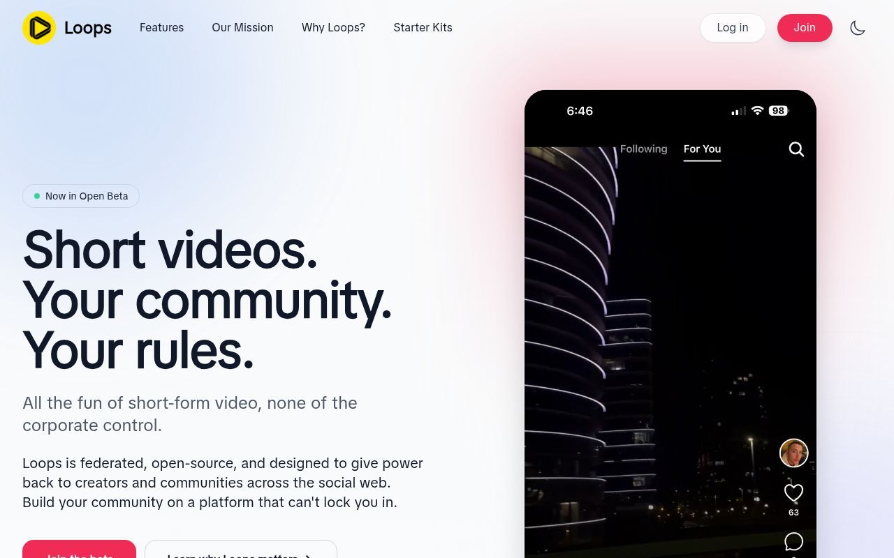 Homepage screenshot of joinloops.org