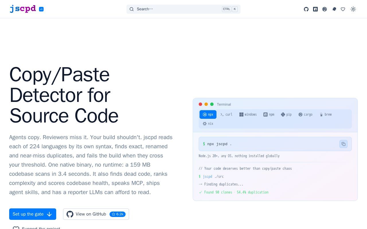 Homepage screenshot of jscpd.dev
