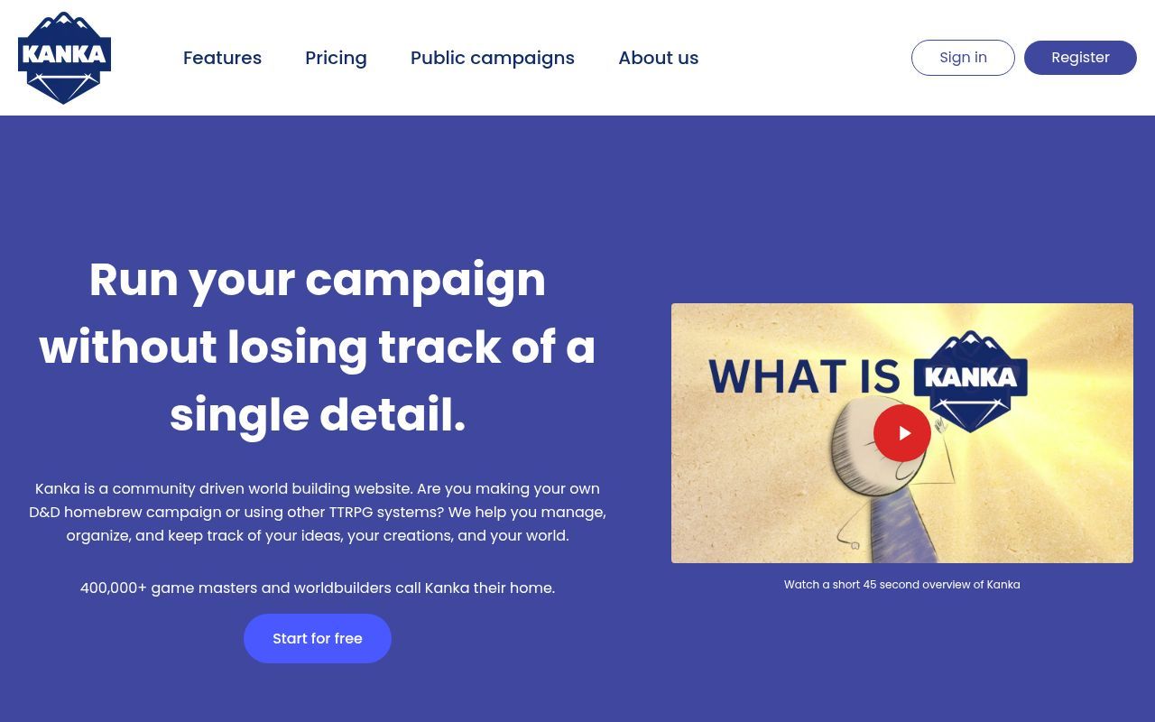 Homepage screenshot of kanka.io