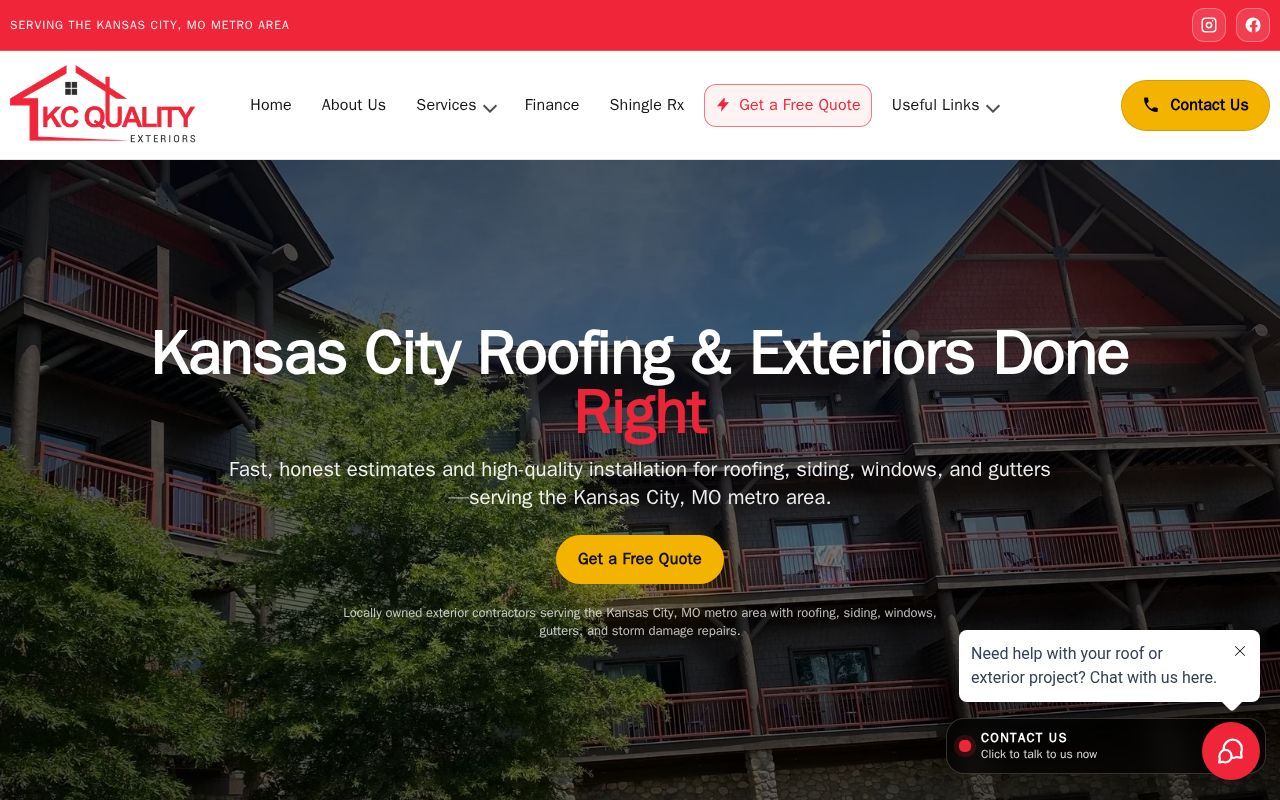 Homepage screenshot of kcqualityexteriors.com